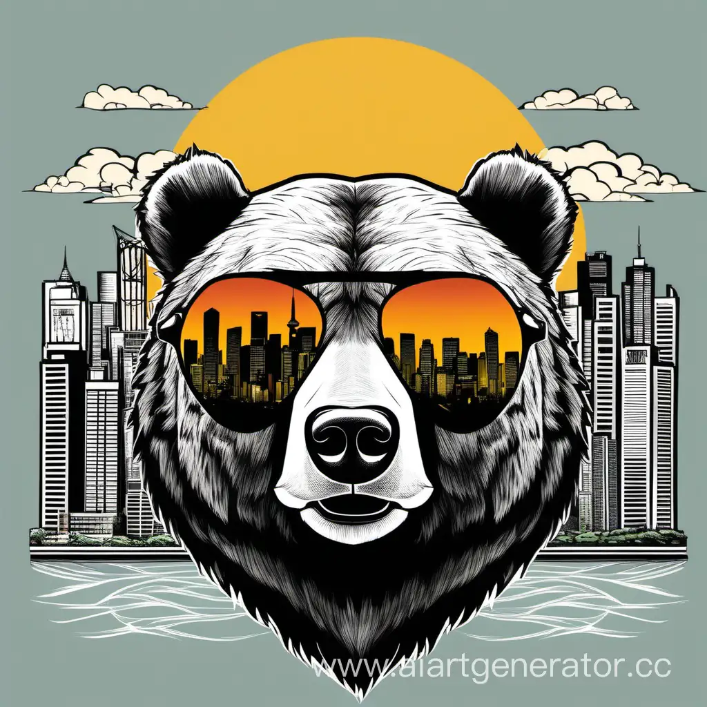 esign an eye-catching t-shirt artwork featuring a close-up face of a wild bear sporting stylish Ray-Ban sunglasses. Reflect the urban flair by incorporating a detailed reflection of the Tokyo skyline and the iconic Mount Fuji on the lenses of the sunglasses. Use a balanced color palette to enhance the contrast between the bear's rugged demeanor and the vibrant cityscape. This whimsical juxtaposition should create a visually compelling and unique design, blending the untamed spirit of the wilderness with the modern allure of the cityscape. illustration