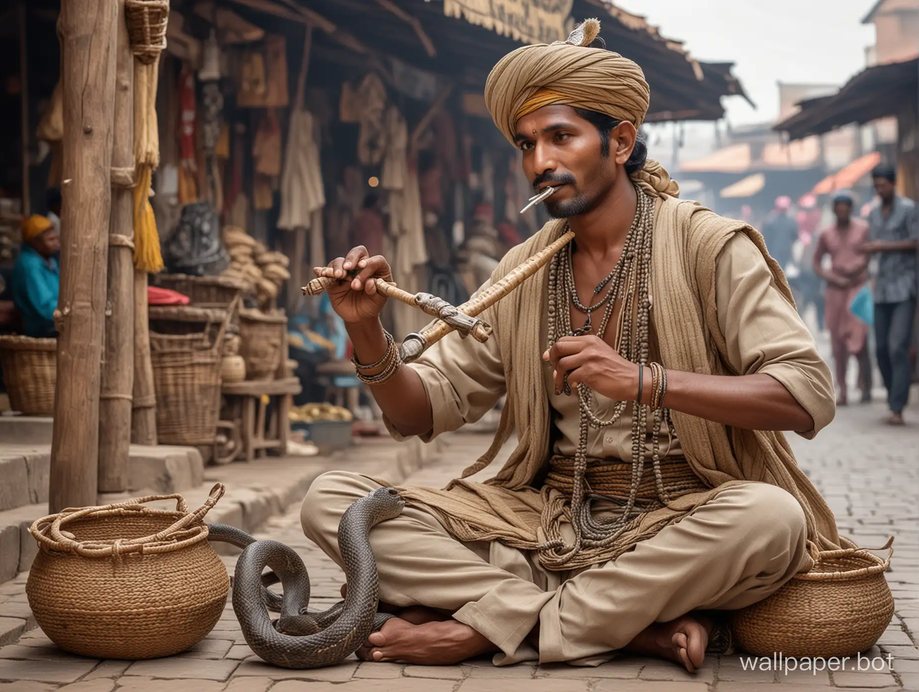 Indian-Snake-Charmer-in-bustling-marketplace-captivating-cobras-with-flute-music