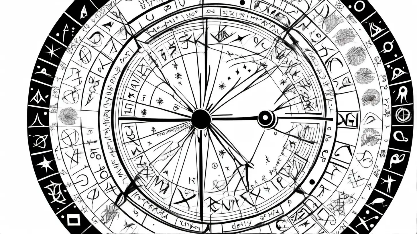 scandinavian runes on two astrological wheel, loose lines, wheel will be round, black and white
