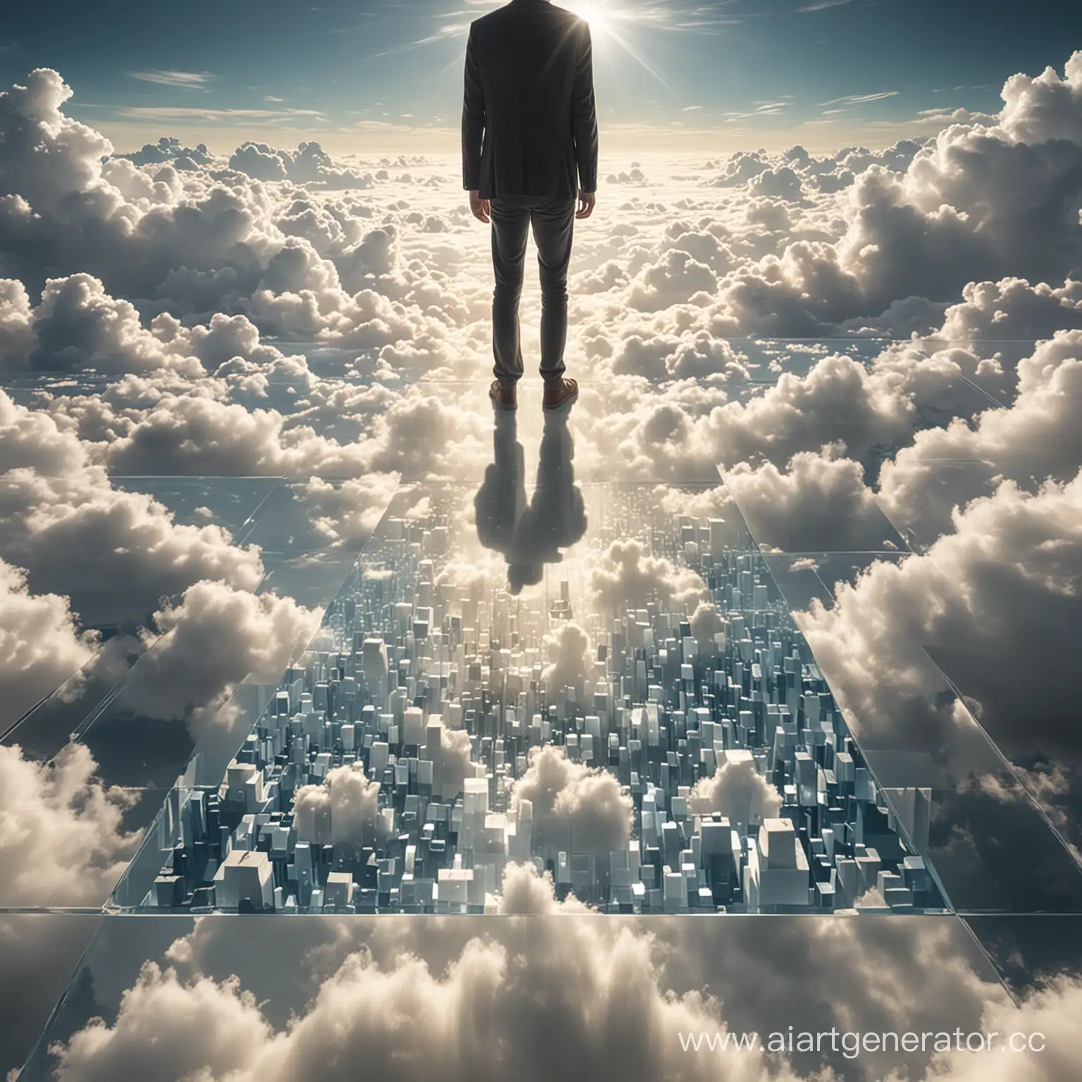 человек стоит на прозрачной поверхности, перед ним бесконечность из света, а под ногами облака созданные из кубических фигур
