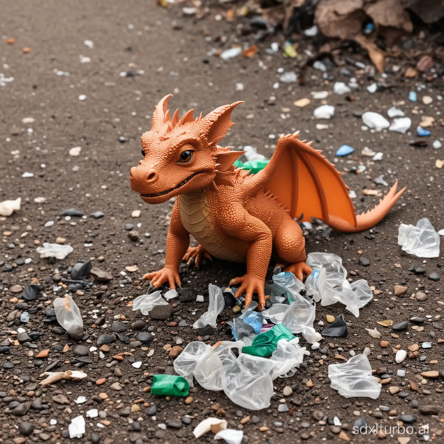 The little dragon is picking up garbage