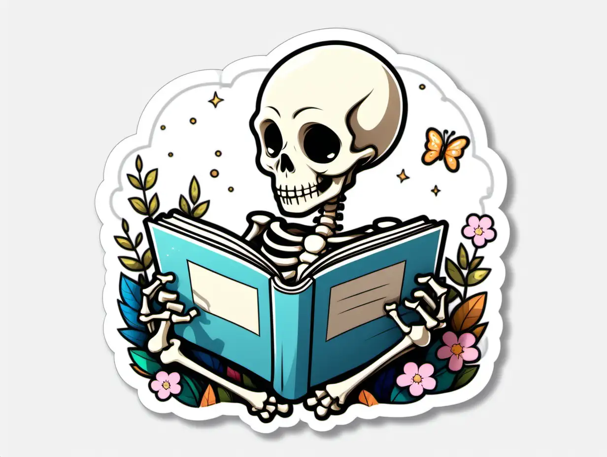 /imagine prompt: Reading A Book Skeleton, Sticker, Hopeful, Satin Colors, Kawaii, Contour, Vector, White Background, Detailed
