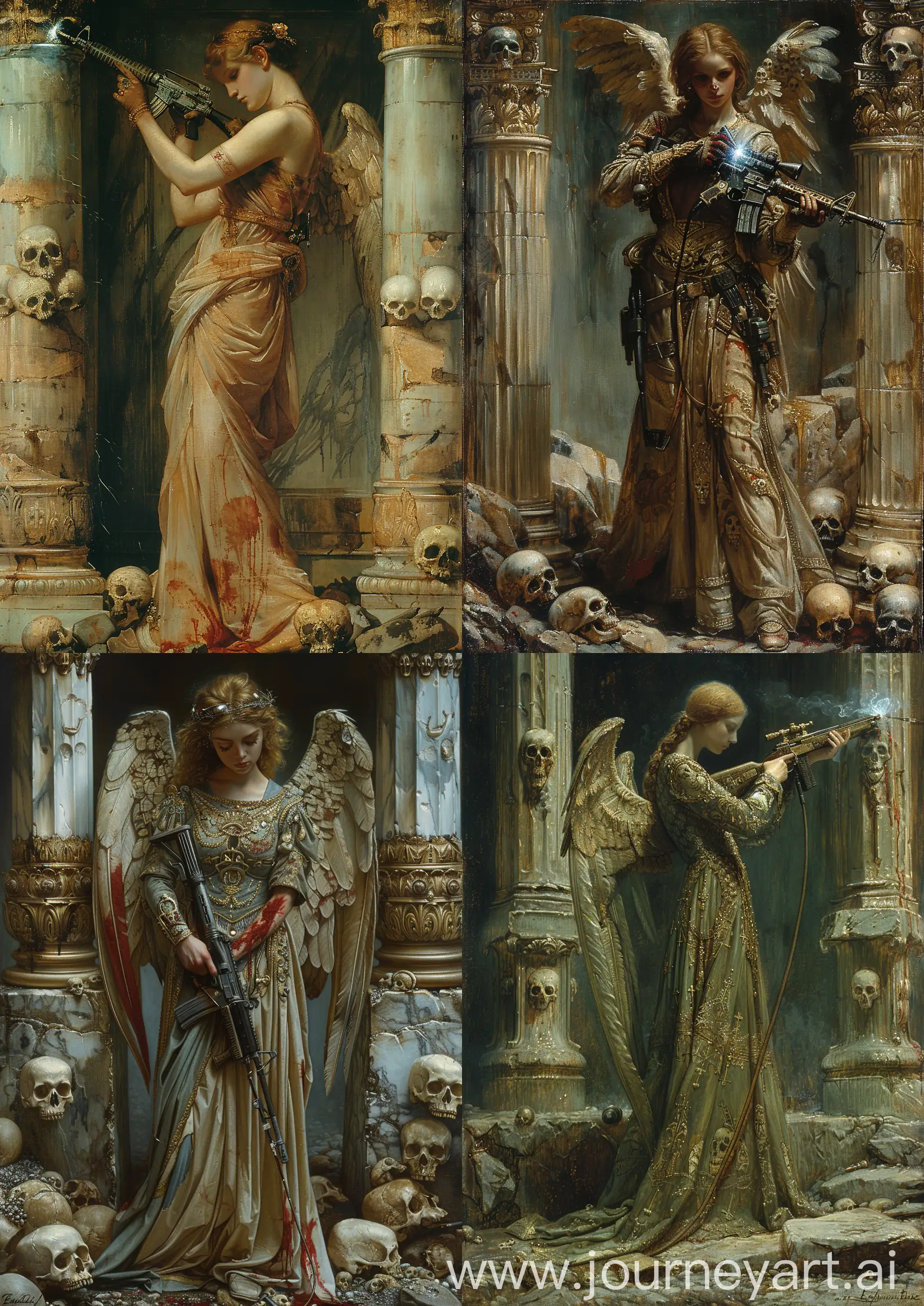 Edward Burne-Jones painting of  a female angel warrior in ornate skulls, blood and gold, welding an M16 rifle, standing on rocks between 2 marble columns ornated with skulls, earth tones, sad pose, detailed, full body --c 22 --s 750 --v 6.0 --ar 5:7