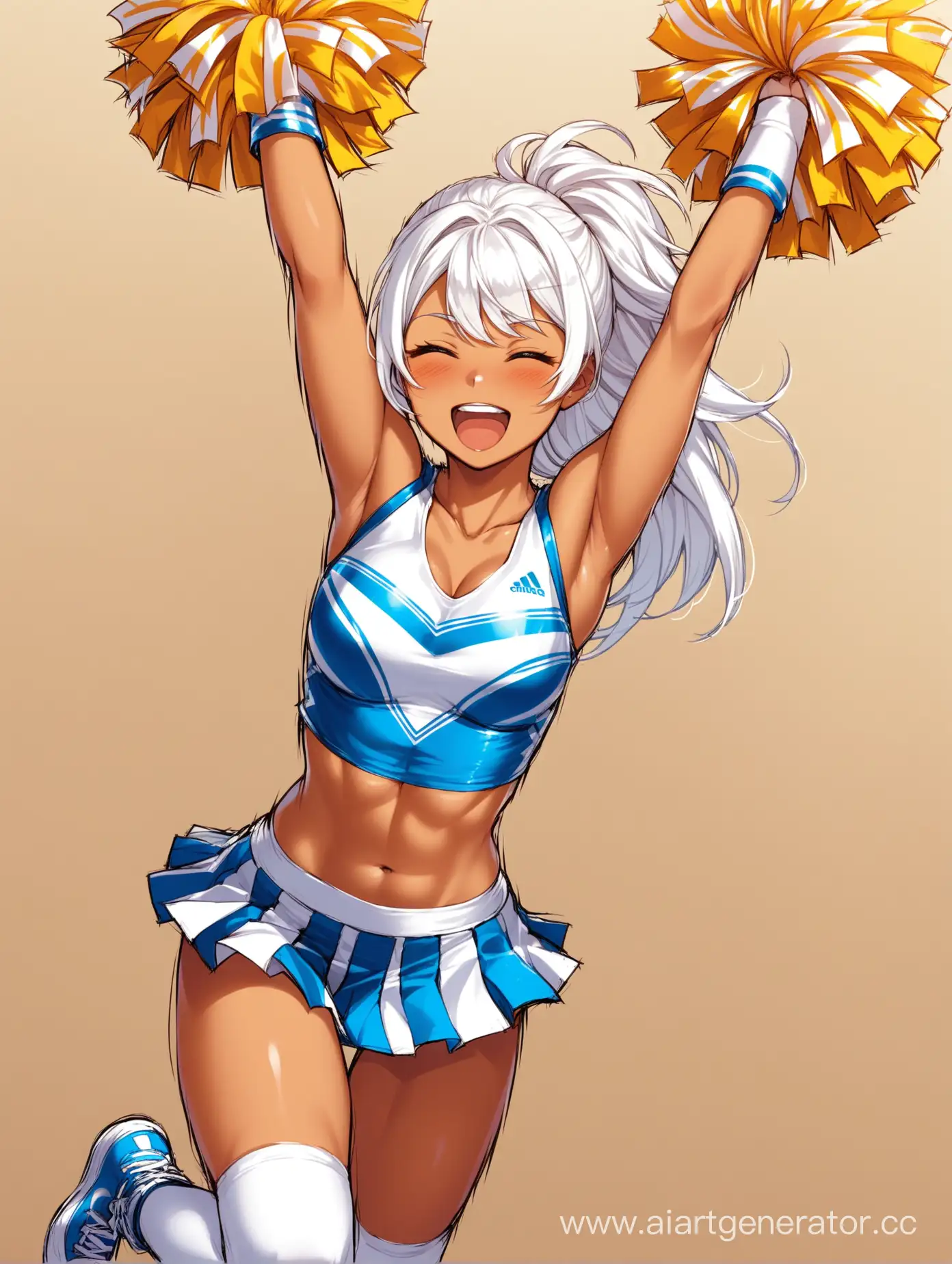 tanned cheerleader fit girl white hair experiencing paradecel pleasure,
