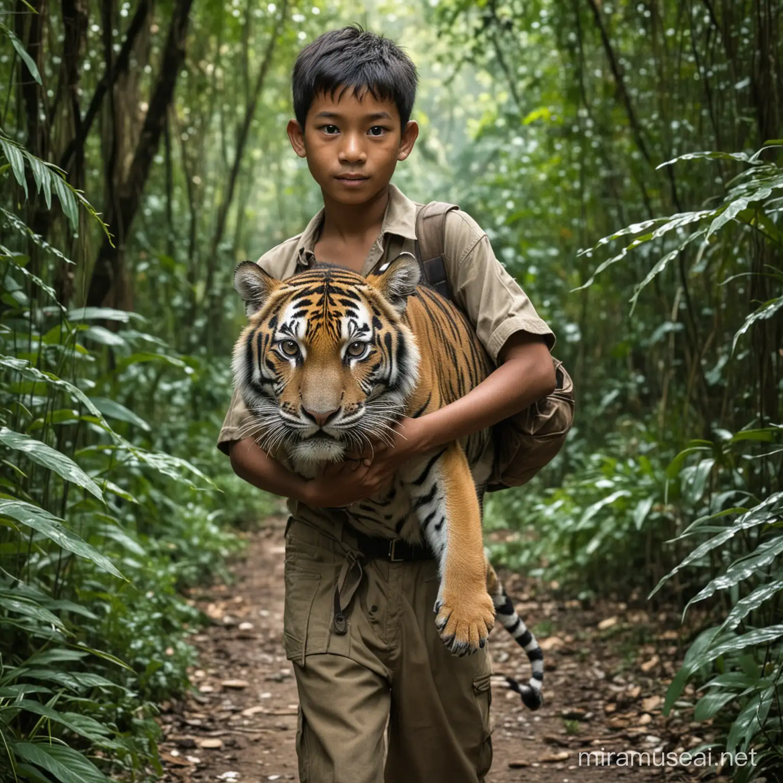 A 17-year-old boy from Indonesia is carrying a baby tiger while in the background is a deep jungle.