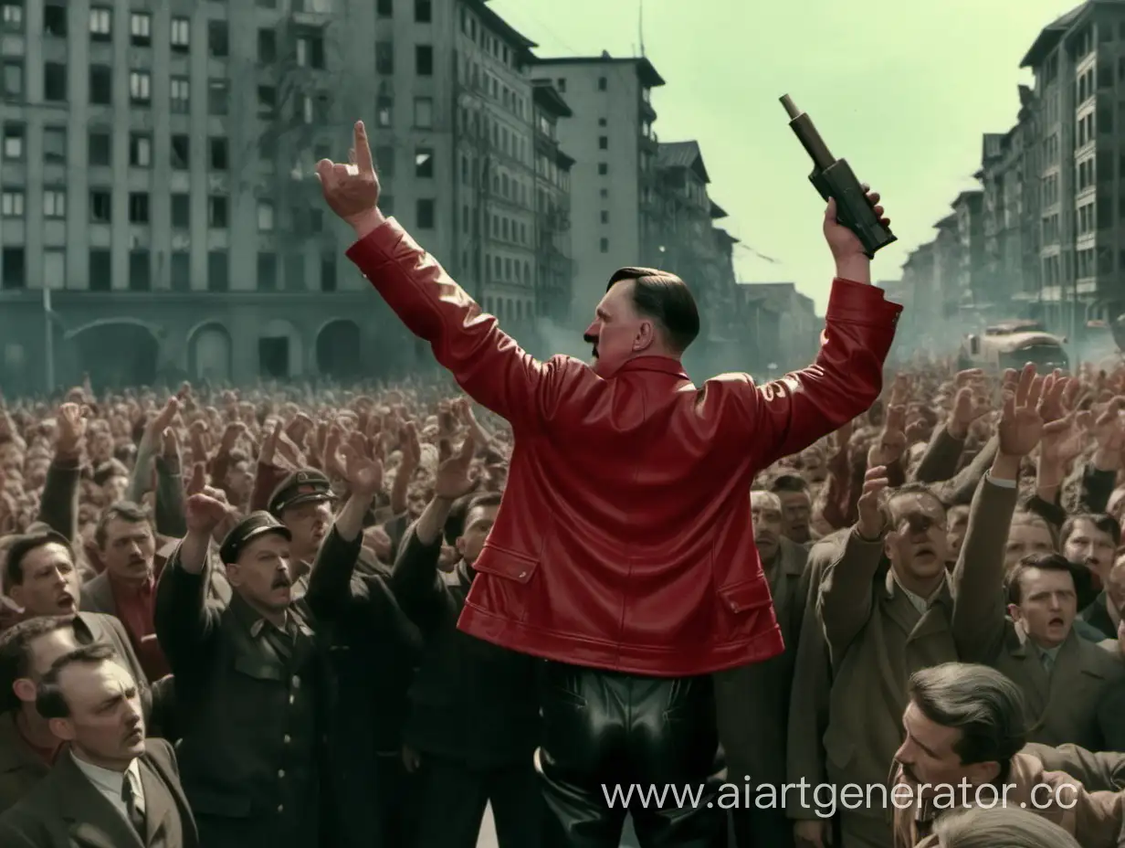 Hitler stands on a bus groove dressed in a red jacket and black leather pants holding a glass bottle in one lowered hand and in the other raised up holding a Makarov pistol in the background a crowd of people and five-story buildings