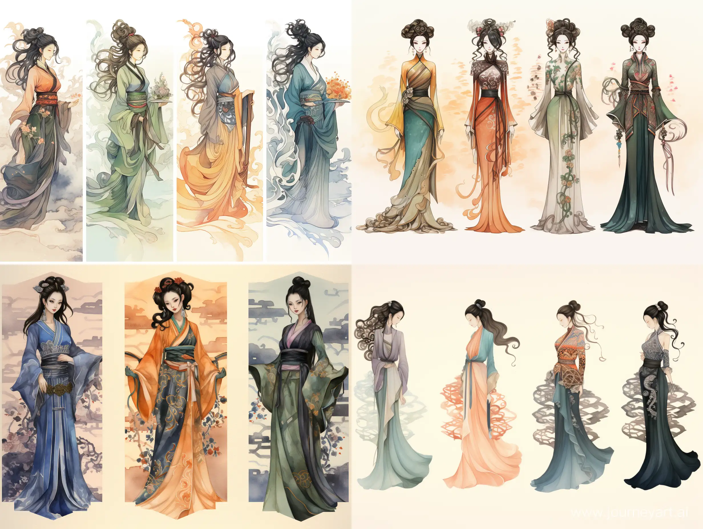 four variants of ancient China, waist-length, flat illustration, watercolor, ink, Victor Ngai style
