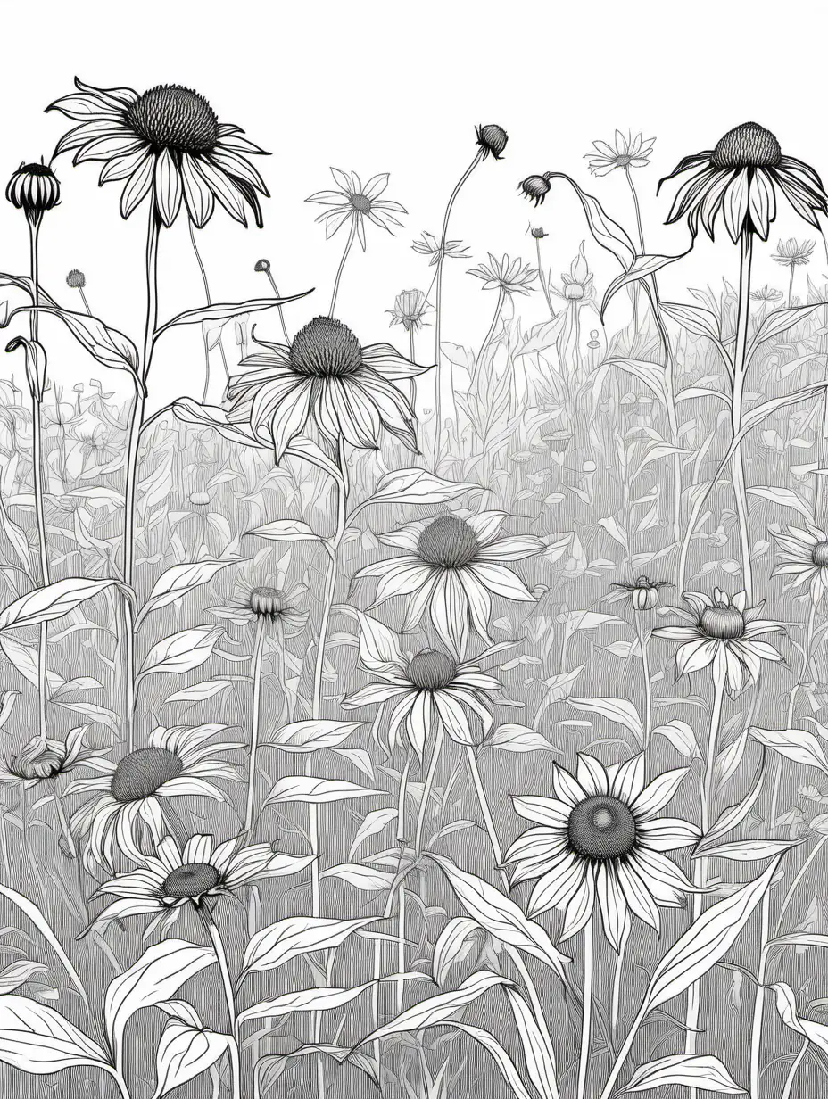 simple 
line drawing of a field of wild flowers of the Northeast United states, including echinacea and black eyed susans 
