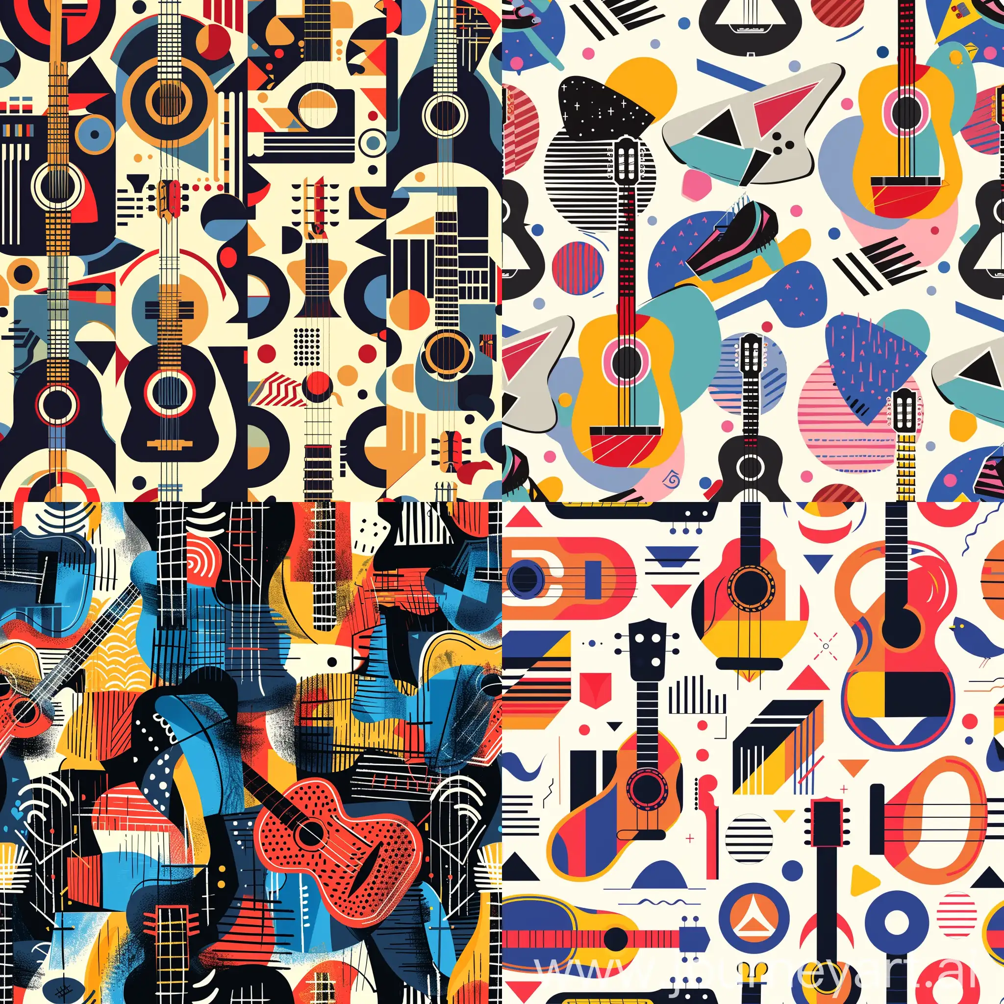 Identical pattern with abstract geometric shapes associated with the guitar