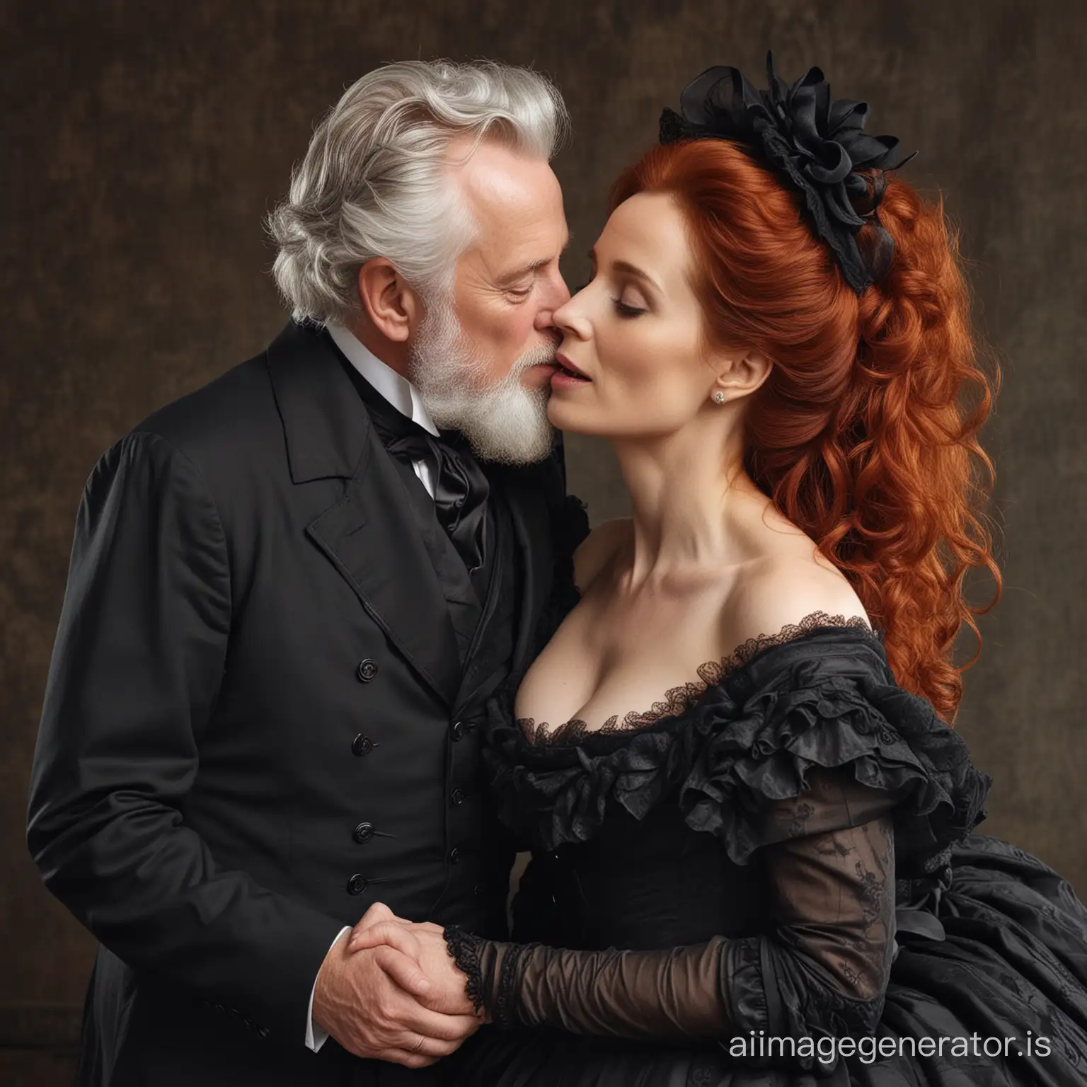 red hair Gillian Anderson wearing a poofy black floor-length loose billowing 1860 Victorian crinoline dress with  a frilly bonnet kissing an old man who seems to be her newlywed husband