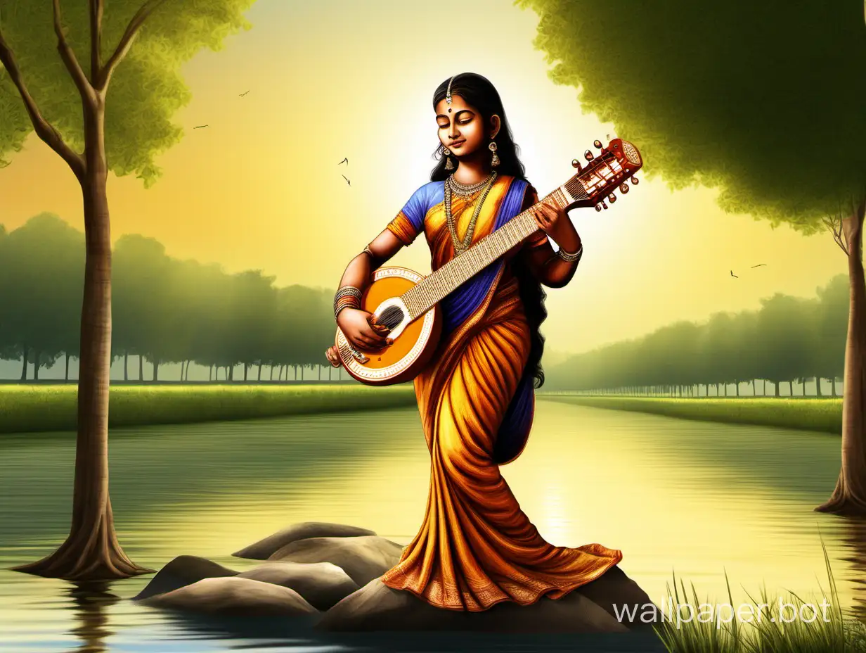Sarasvati, the beautiful goddess, a 12-year-old girl with a sitar, stands on the riverbank under the sun's rays at full height