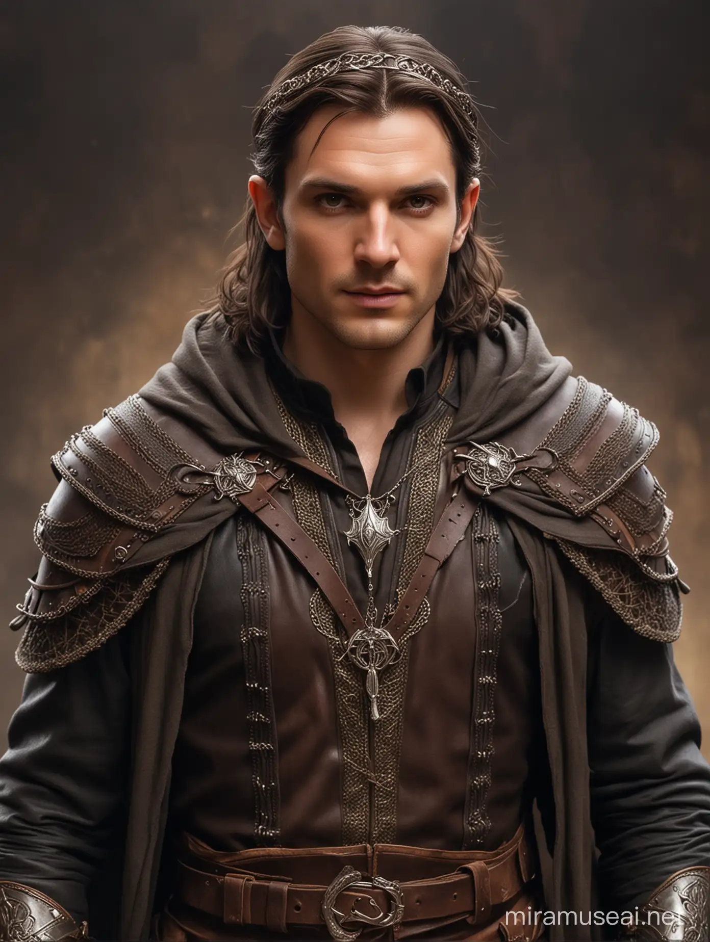 character portrait; full figure. A male elf, middle-aged. High cheekbones, strong jaw, pointed elven ears. Pale skin. Long, dark hair, held back by woven leather headband. Amber-colored eyes, smoldering with arcane fire. Medieval fantasy-style leather armor, with chainmail underneath. Wizard and warrior mix. Dungeons and Dragons. Wearing a hooded cloak, hood up, the cloak flares behind him. Indiana Jones style outfit in a medieval fantasy style. bags, satchels, and potions at his belt. full body image.