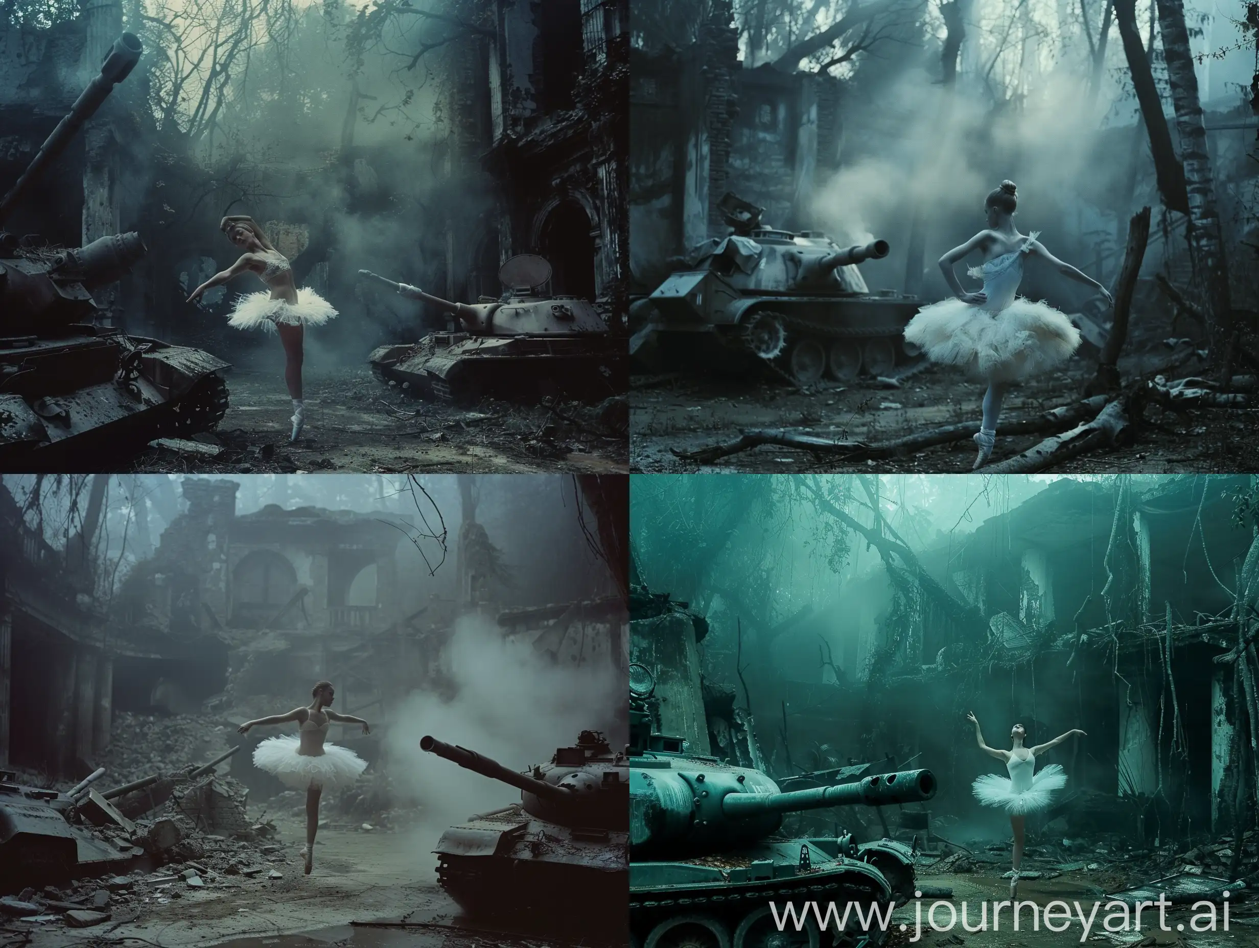 movie still frame Inspired by Steven Klein of decayed medieval sity interior, holga photography, cinema atmosphere. сломанные танки, танцующие балерины,  sad pale white ballerina dancing in a dying forest, darkness smoke