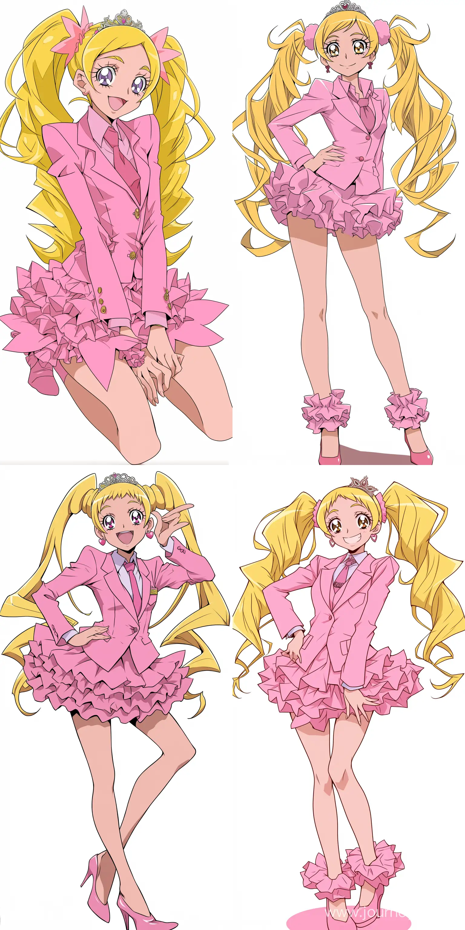 office lady magical girl, tiara, ornate outfit, character design, full body, pink gucci business suit, frilly skirt, blonde hair, twin tails, precure-style --niji 6 --sref https://s.mj.run/Jj5GNbiNE-4 --ar 1:2