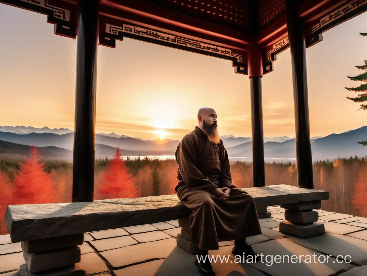Bearded-Man-Contemplating-Sunset-at-Pagoda-Bench-in-Taiga-Setting