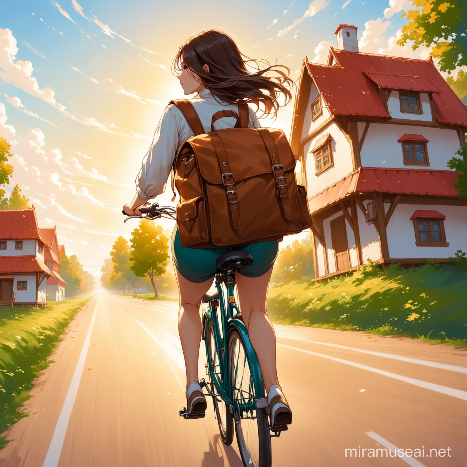 Traveling Woman Carrying Tilted House on Bicycle Dynamic Speed Concept