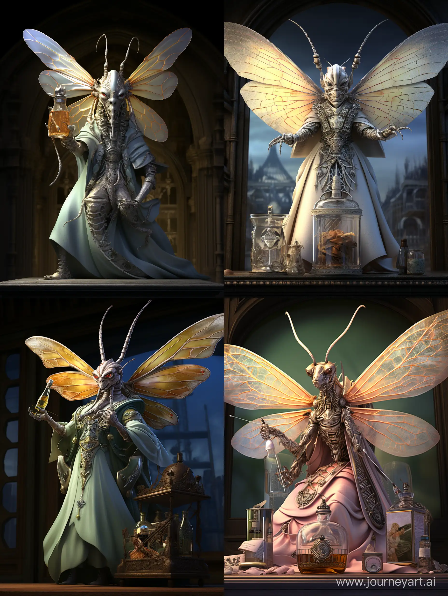 statue of a moth insect holding a bottle of perfume, smooth anime cg art, greg hildebrant, furry character, ad image, picture of a male cleric, gyo fujikawa, thorax, by Kanō Naizen, predatory praying mantis, weta disney, тримає парфум в руках, детально реалістично.