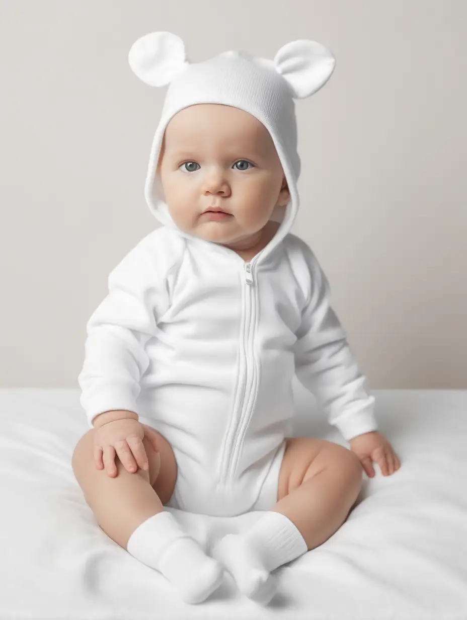a mock up photo of a baby wearing a white onesie and socks


