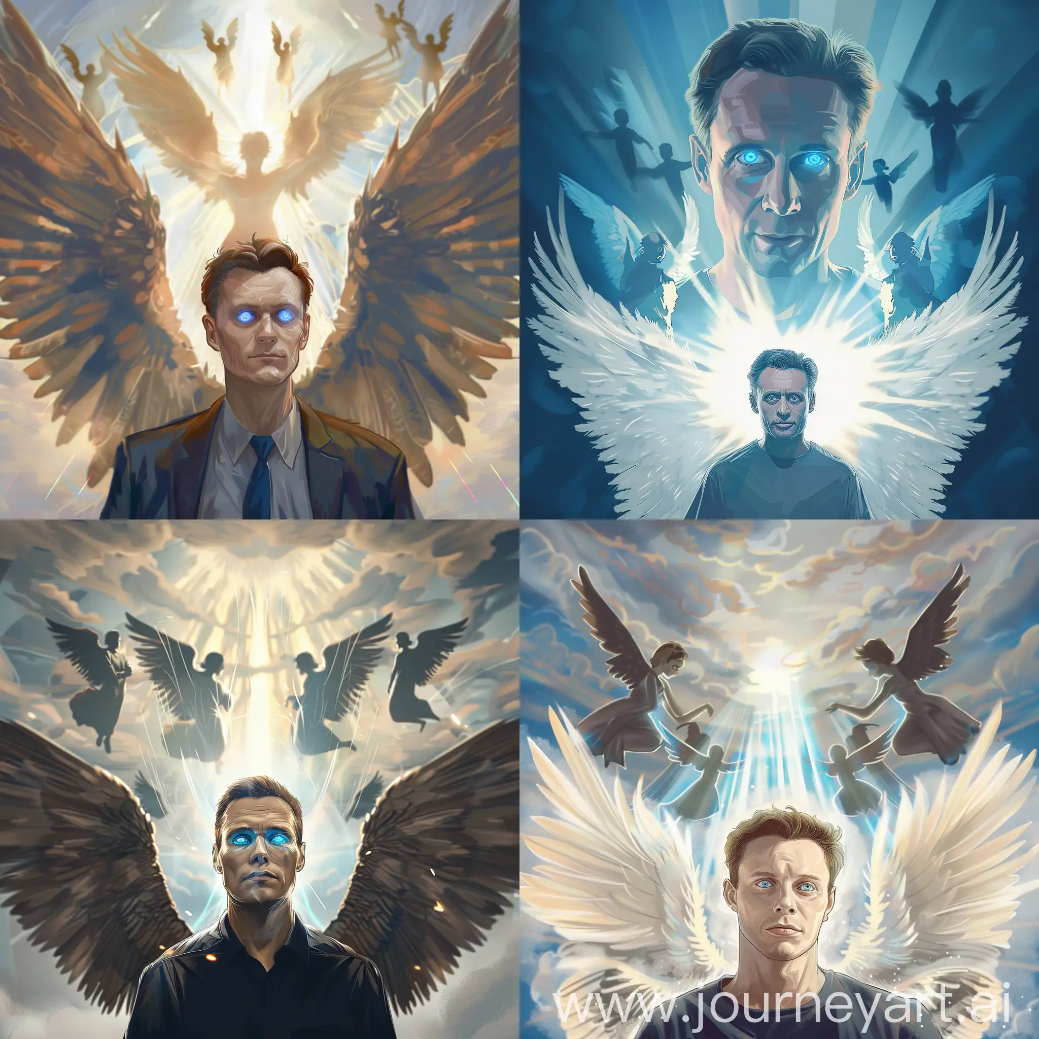 Нарисуй Навального на небе с крыльями и голубыми глазами. За ним свет и силуэты ангелов.