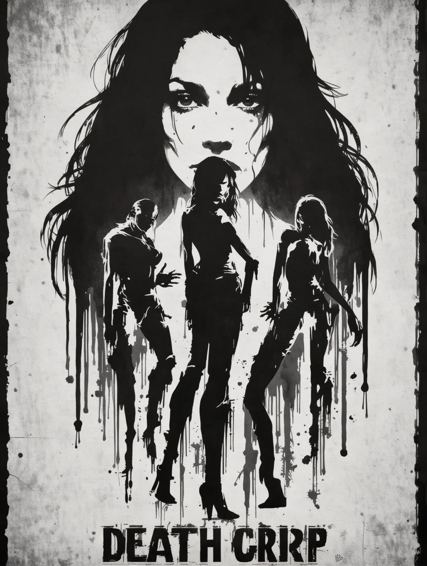 stencil, minimalist, simple, vector art, black and white, silhouette, negative space, grindhouse zombie movie poster, "Death Grip", woman