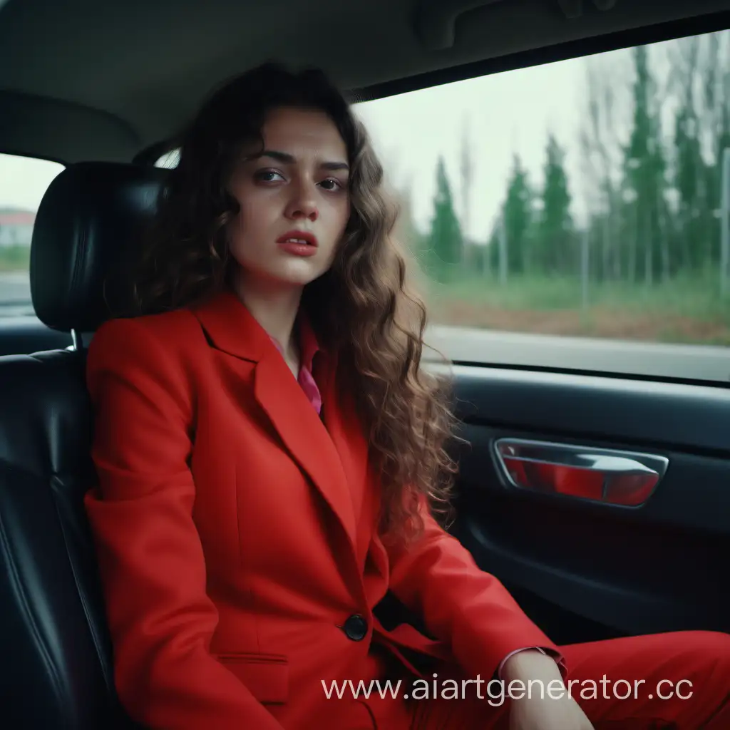 Embarrassed-Brunette-in-Red-Trouser-Suit-inside-Vintage-Car-Realistic-4K-Photo