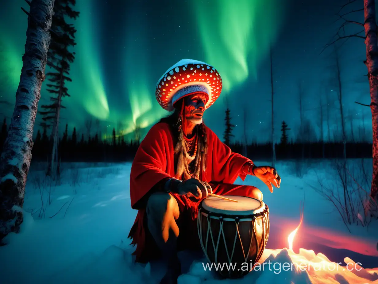 Шаман в шапке мухомор играет на барабане  вокруг северное сияние