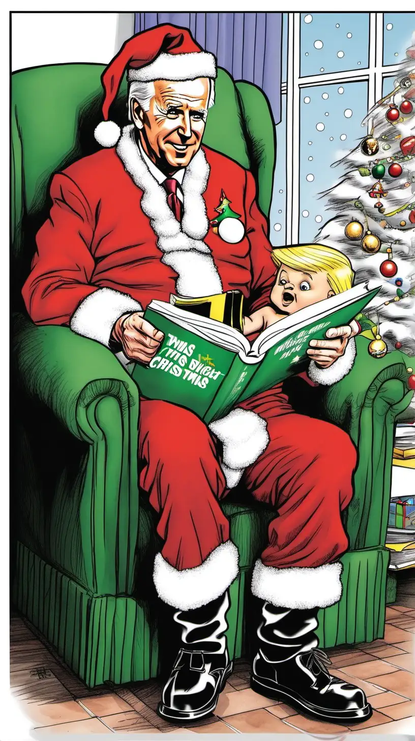 Cartoon Joe Biden as Santa Reading Twas the Night Before Christmas to Baby Donald Trump