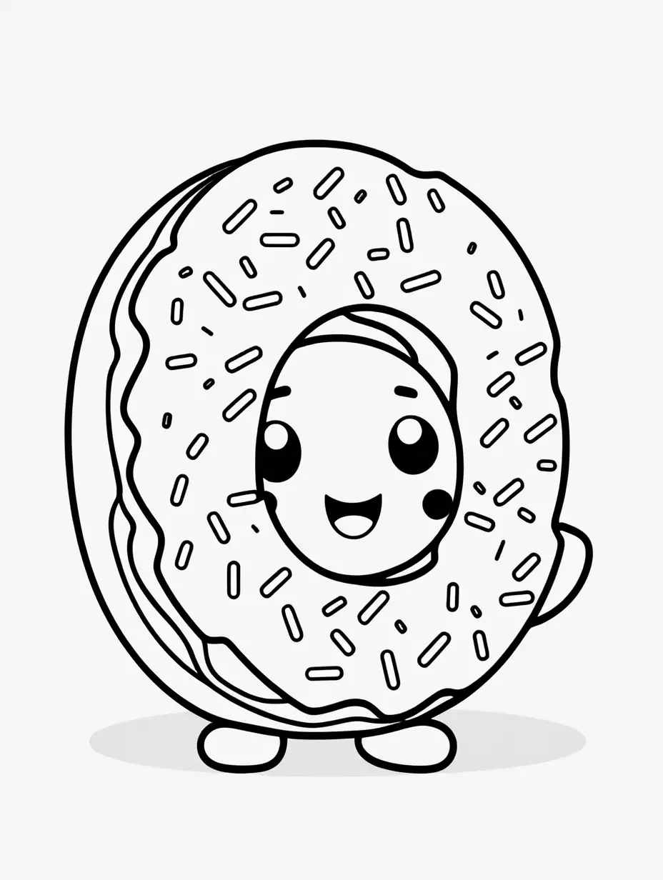 coloring book, cartoon drawing, clean black and white, single line, white background, large cute donut, emoji