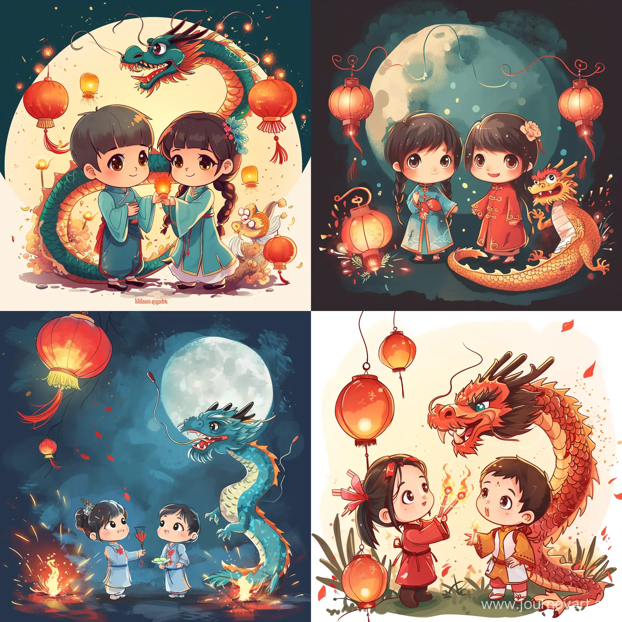 2 chibi children and dragon lunar festival vibrant vibe with lanterns and firecrackers


