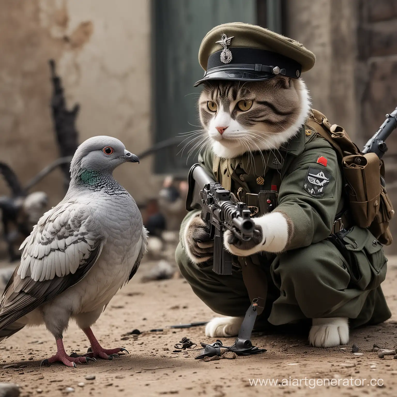 Кошечка снайпер в военной форме целится в голубя в форме вермахта