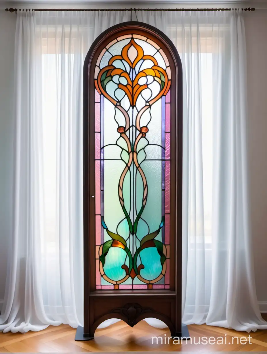 витражная ниша в стиле
ар нуво из цветного стекла тифани стоит на фоне штор из белой органзы