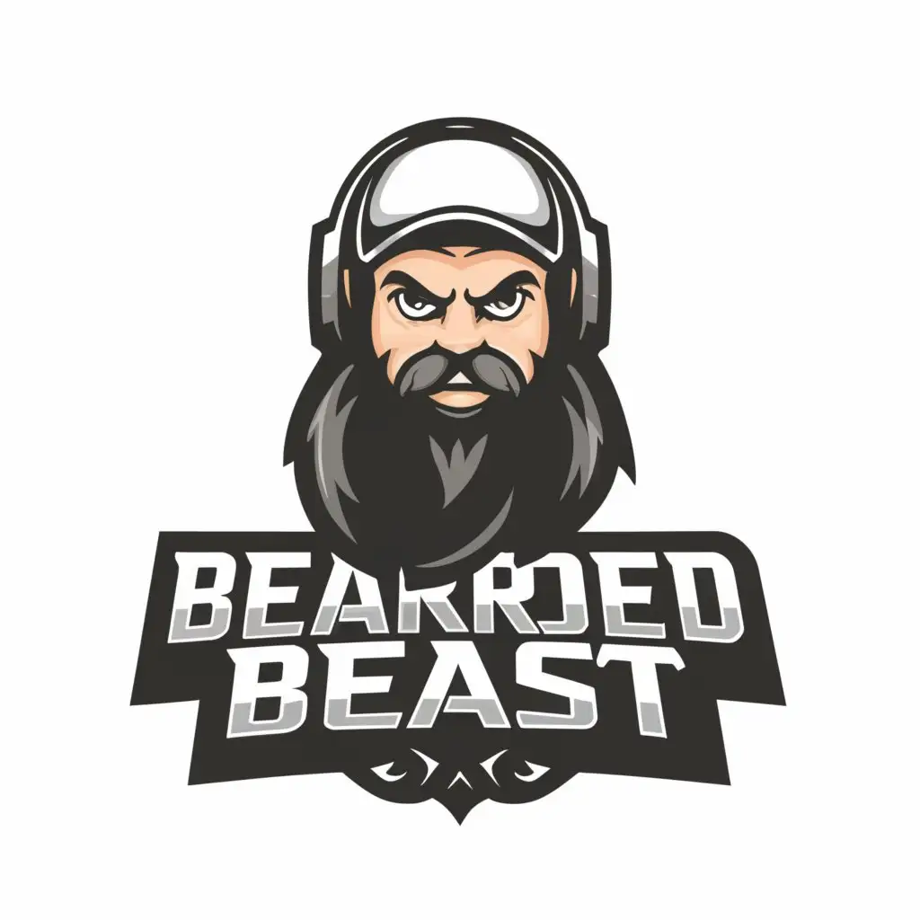 a logo design,with the text "Bearded Beast", main symbol:Esports gamer logo, gaming, big black beard, backwards cap, white headset,Minimalistic,clear background