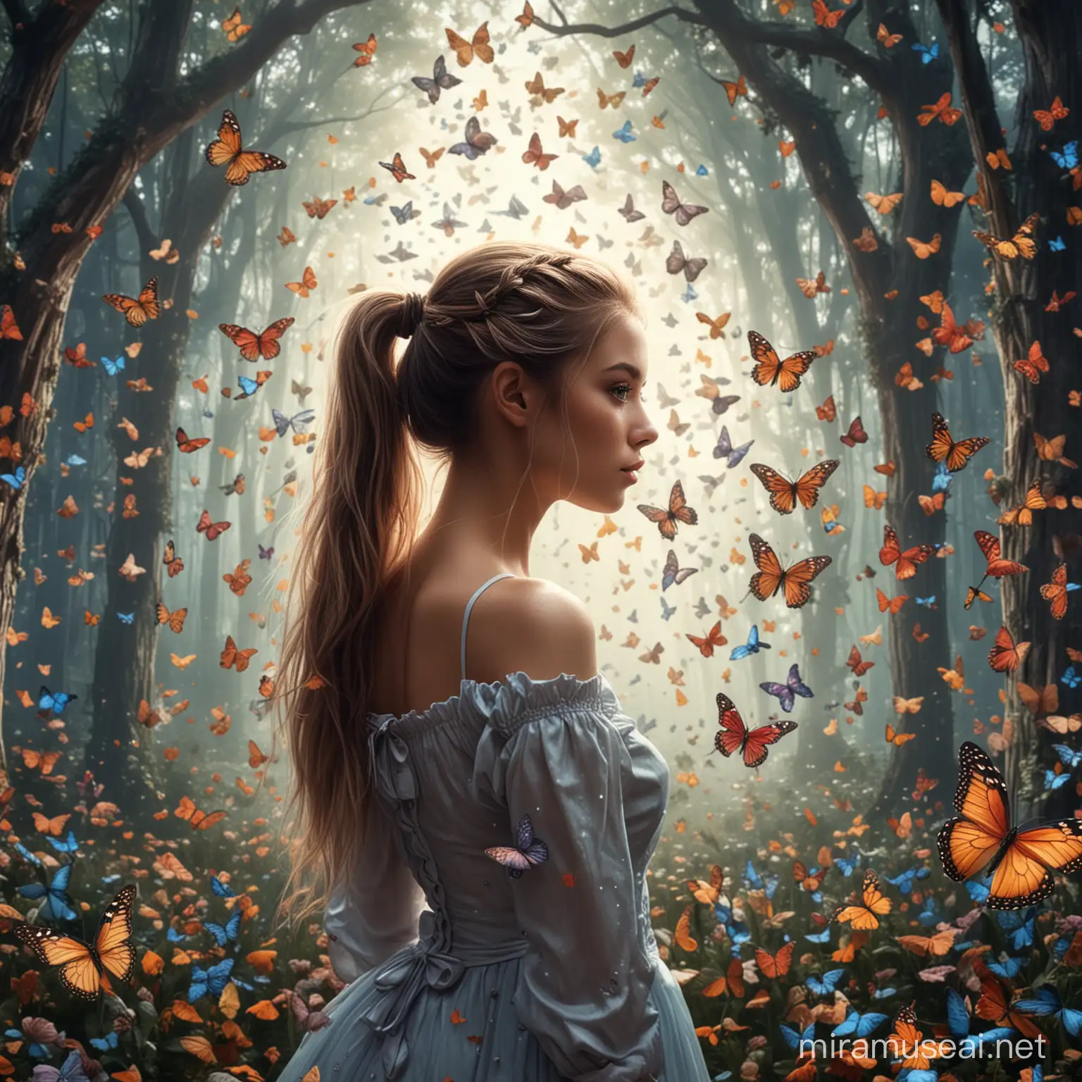 women with ponytail standing far in the middle of a bunch of butterflies in a fairytale setting