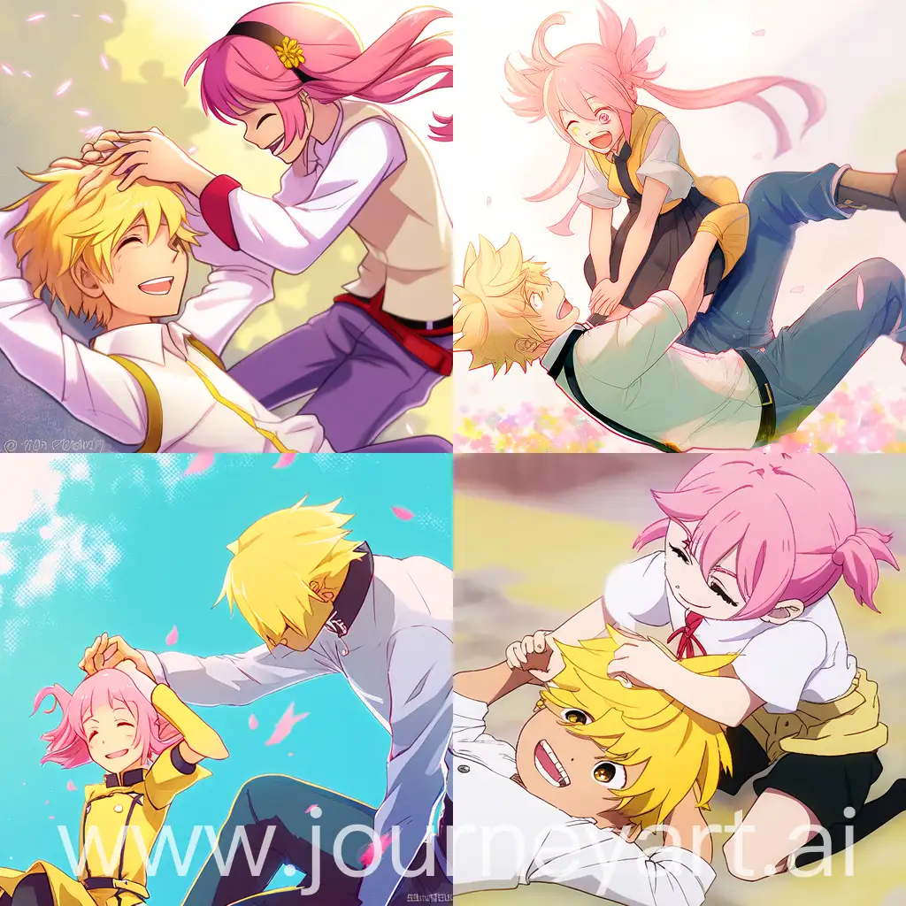 Pembe saçlı kızı gıdıklayan sarı saçlı erkek anime tarzı resim