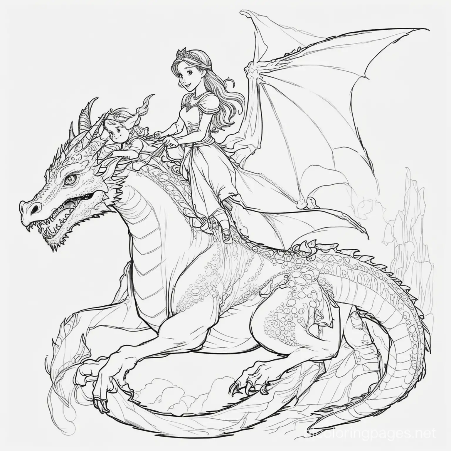 a princess riding a dragon, Coloring Page, black and white, line art, white background, Simplicity, Ample White Space. The background of the coloring page is plain white to make it easy for young children to color within the lines. The outlines of all the subjects are easy to distinguish, making it simple for kids to color without too much difficulty