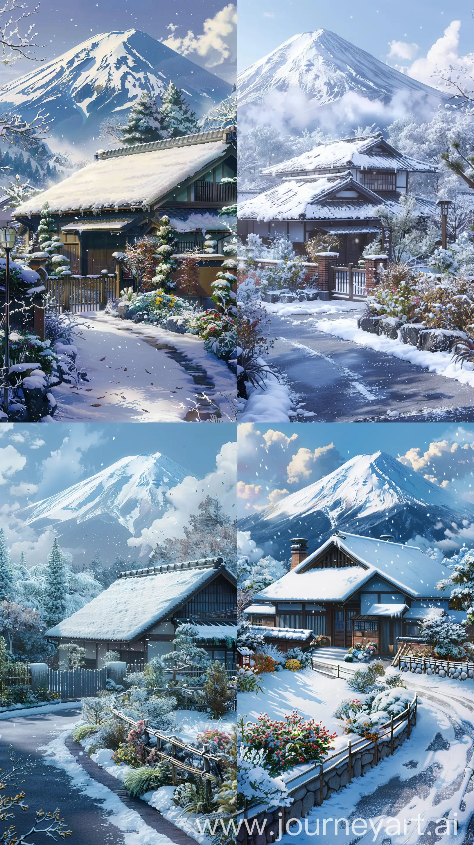 !mj1 Ghibli studio theme, an anime-style house with snow-covered roof, boundaries along roadside, main gate nestled among small plants and flowers dusted with snow, imposing mountain in the highly detailed background, serene winter scene --ar 9:16 --v 6