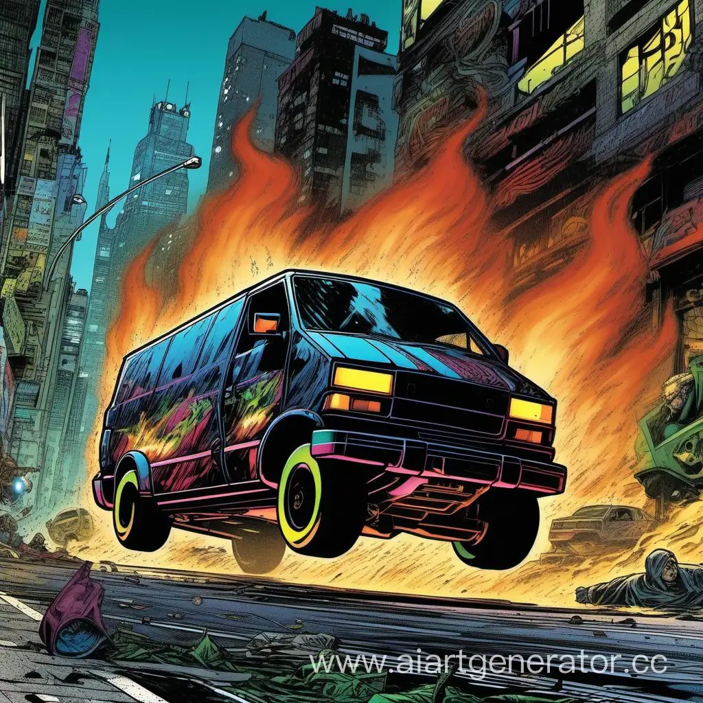 90s comics art, attack move, full height figure, cyberpunk, black van, street racing, tires burning, mirrored surface, aggressive, colored
