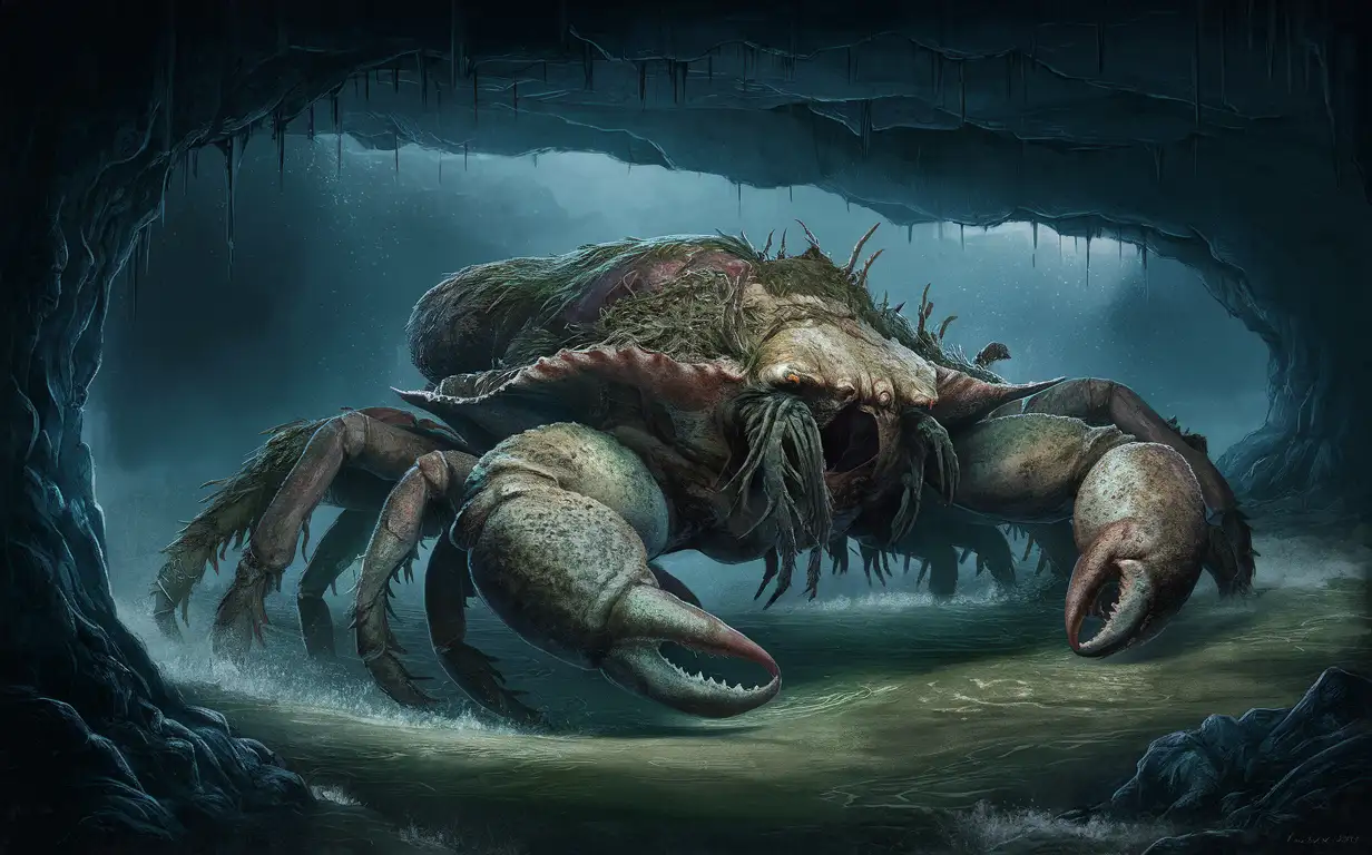 monstrous crab covered in seaweed and barnacles swimming in a vast ocean in an underground cavern, deep, underground, horror