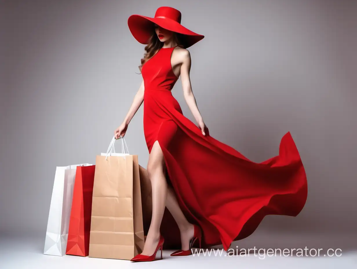 Beautiful girl in a red long evening dress, full-length heels, high fashion photo shoot, covers her face with a hat, carries paper bags with handles, high resolution, studio light.