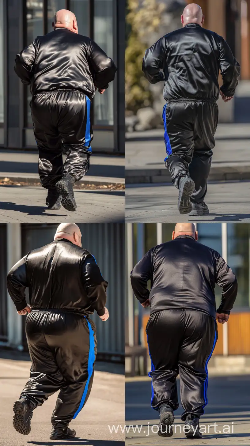 Back view fashion photo of a chubby man aged 70 wearing a silky black tracksuit. Royal blue vertical stripe on the side of the pants. Black Hiking Boots. He is running. Direct Sunlight on his behind. Bald. Clean Shaven. Outside. --style raw --ar 9:16 --v 6
