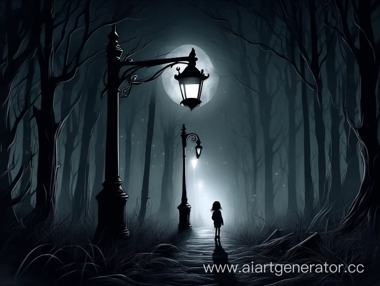 Enchanting-Night-Scene-Silhouettes-of-a-Girl-and-Boy-Under-Dim-Lamppost-in-Dark-Forest