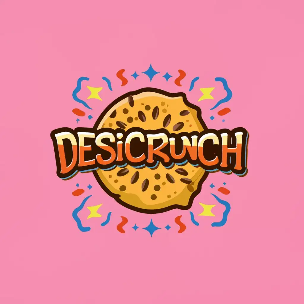a logo design,with the text "give me logo with text "DesiCrunch" with crunchy background with correct spelling
", main symbol:snacks,complex,clear background