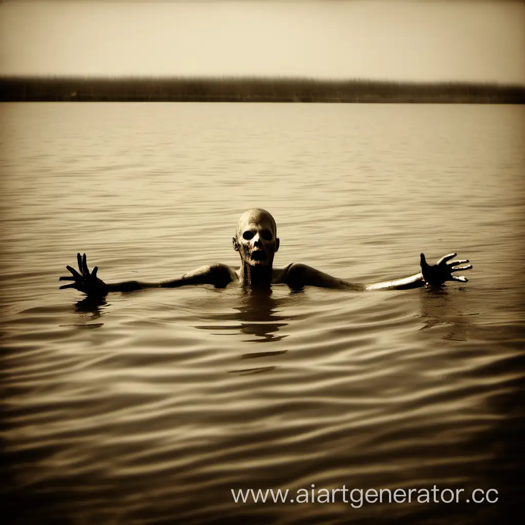Eerie-Sepia-Depiction-of-a-Drowned-Figure-in-a-Mysterious-Lake