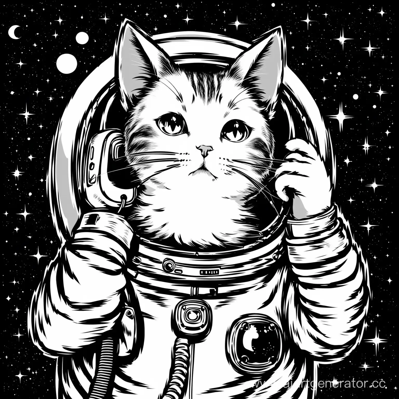 Чёрно-белые изображение кота в костюме космонавта, говорящего по телефону. Кот изобрежен в половину своего роста 