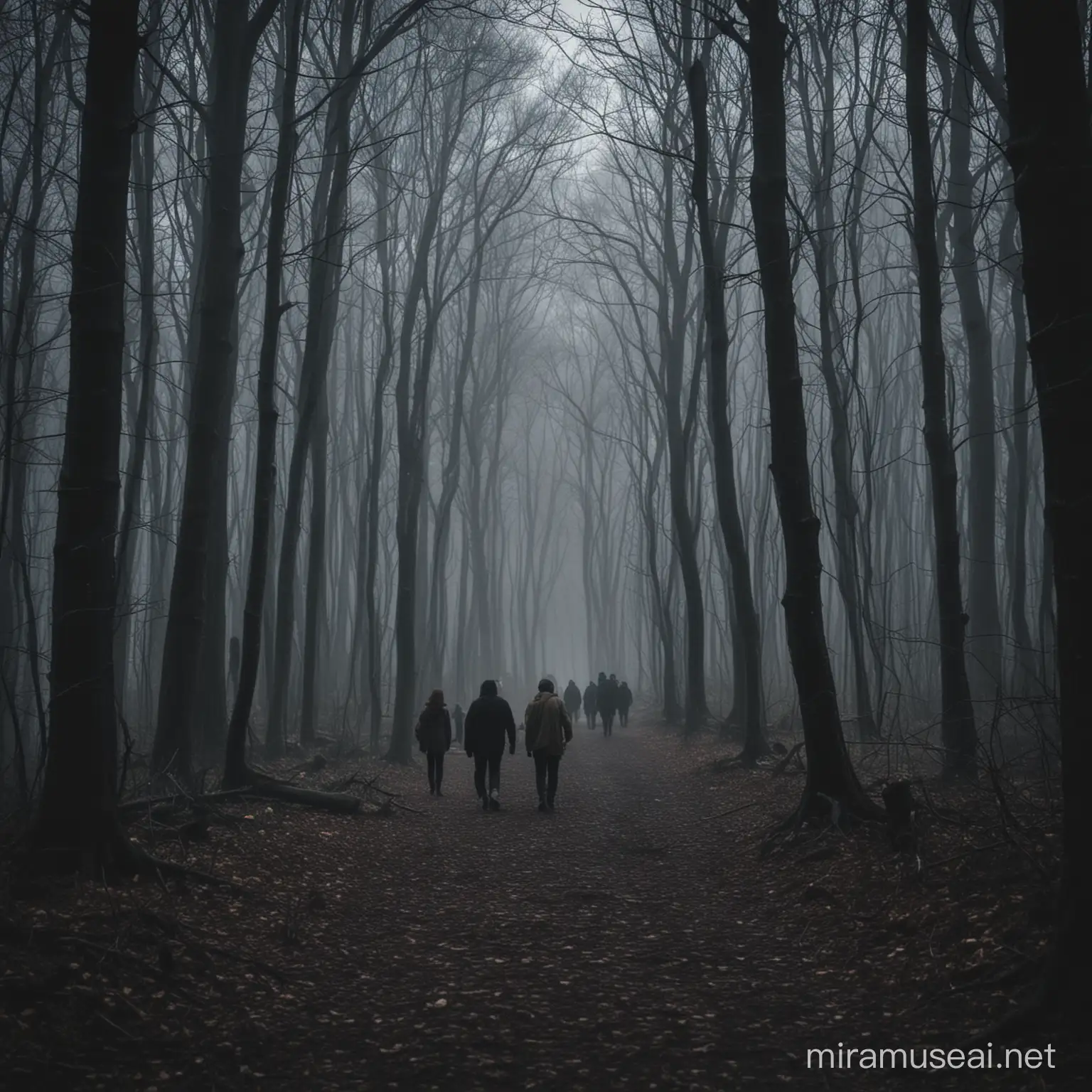 Group of People Exploring Mysterious Forest at Twilight