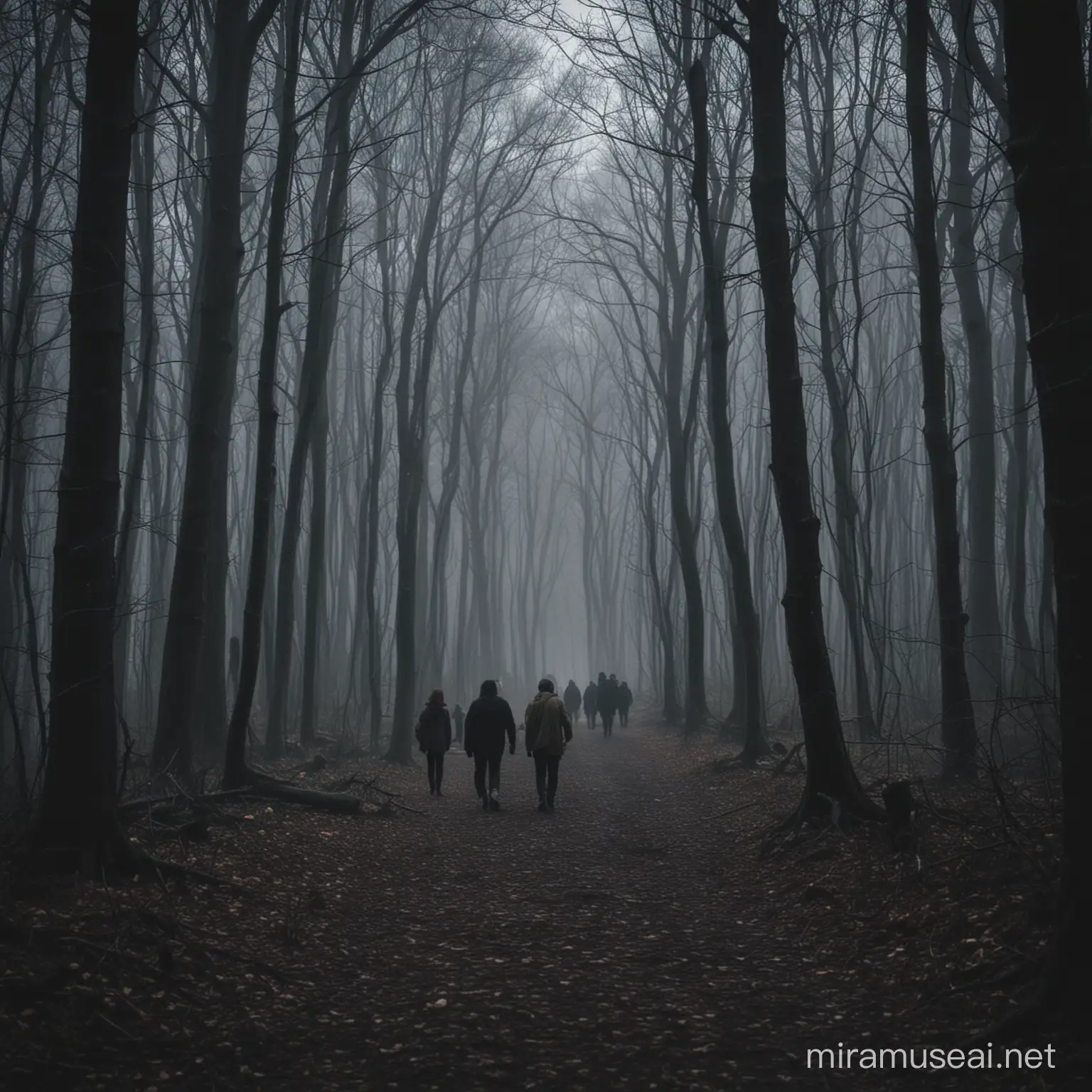 plusieurs personnes se baladant d'un bois un peu sombre avec une ambiance qui fait peur