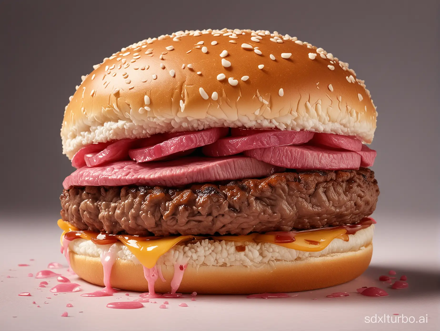 undercoocked burger, hyper realistic, showing meat that is not coocked a srow meat, pimk meat