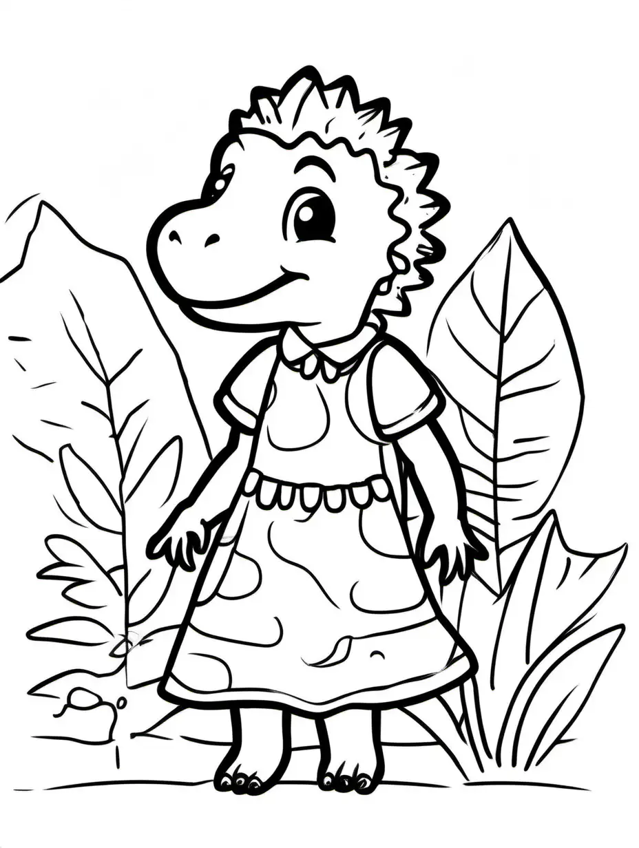 Educator in Kindergarten Childrens Drawing of a Cute Dino in a Dress