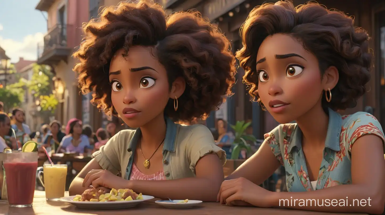 create a close up image of  two women one is an African-American woman and  the other is a Puerto Rican woman. They are sitting at a table outside  gossiping.  illumination, Disney- Pixar style illustration 3-D Animation, 4k