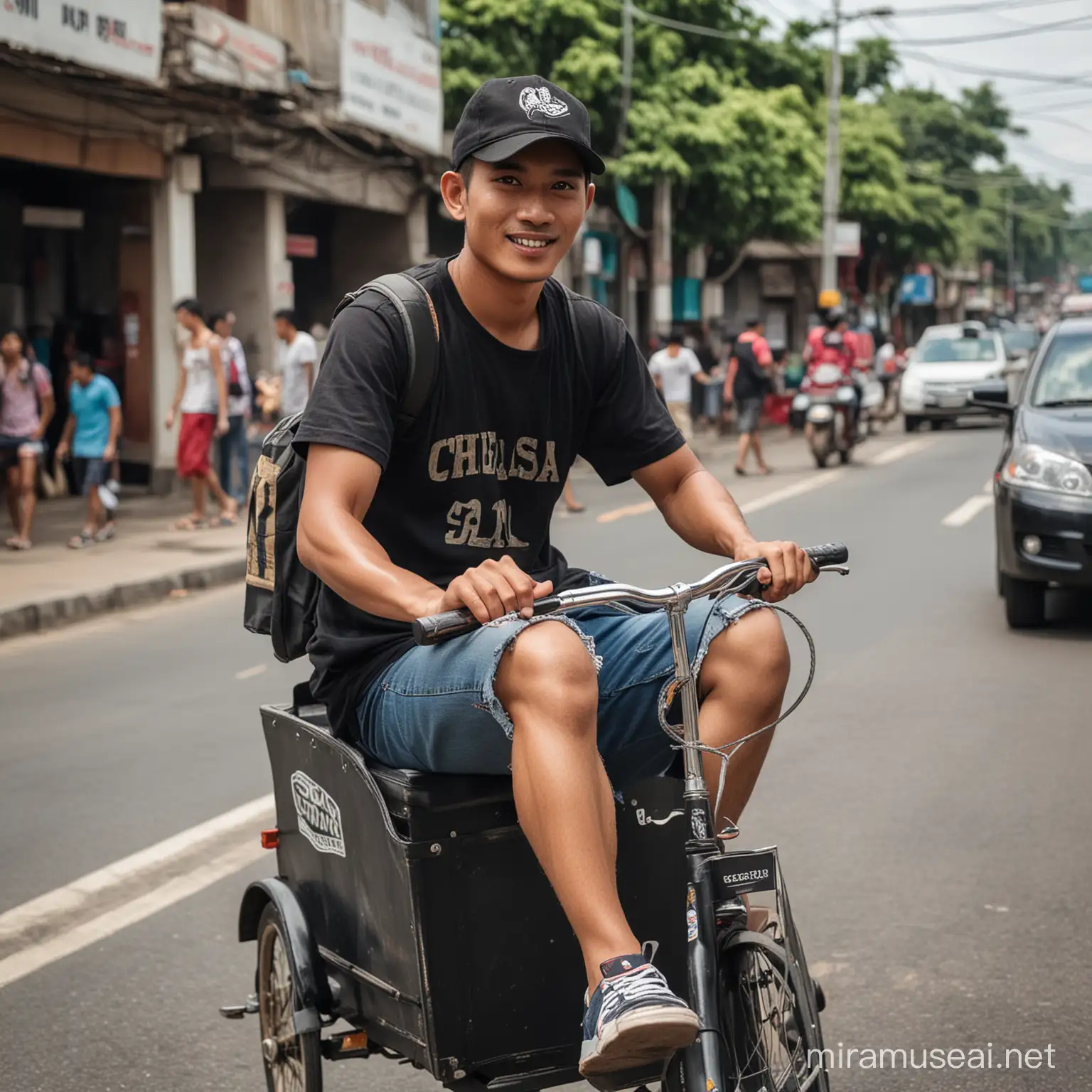 a handsome Indonesian man with a clean and smooth face wearing a worn baseball cap and wearing a black Chelsea football shirt and wearing knee-length jeans shorts and flip-flops is riding a pedicab on a busy Bandung city highway, taken with a DSLR camera.